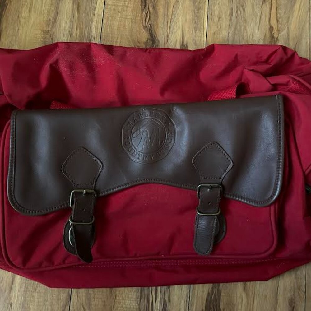 Vintage Marlboro Country Store Travel Duffle Bag Red Leather Straps Plaid Lined